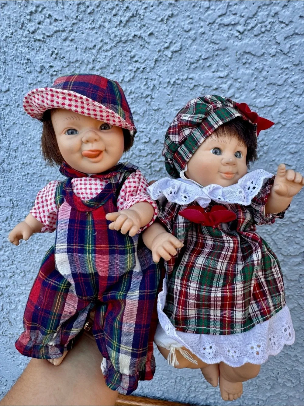Beautiful Vintage Twin Dolls in Matching Plaid Outfits - 8”